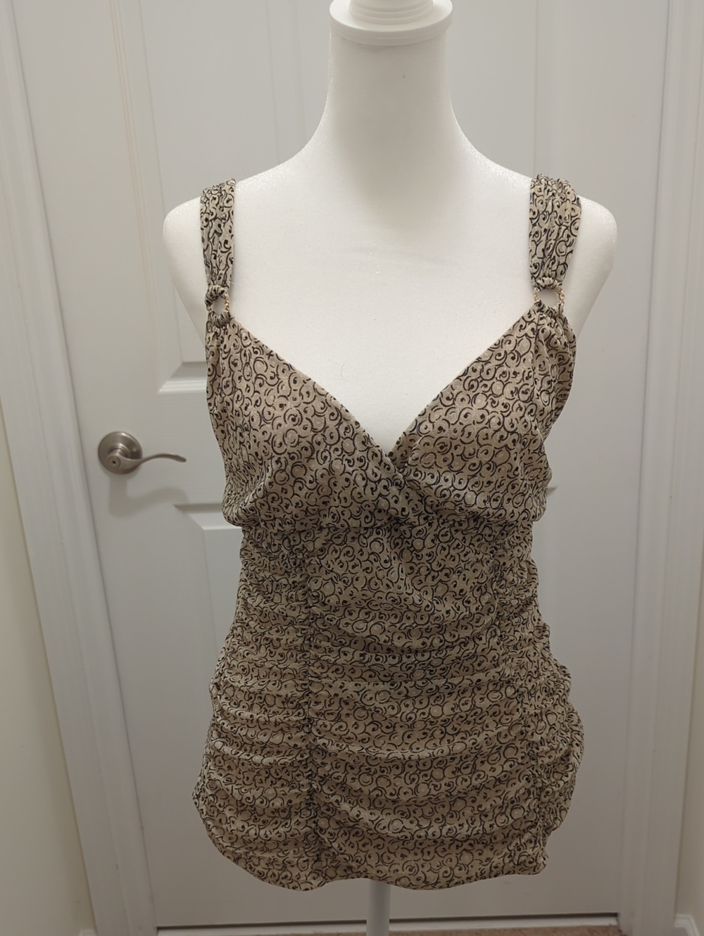 Express Beige Printed Ruched Midi Dress